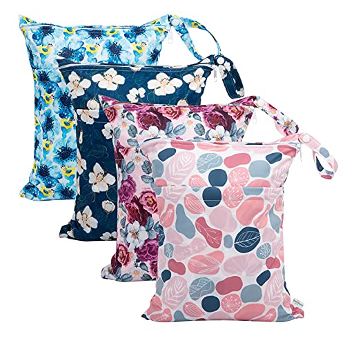 babygoal Wet Dry Bags for Baby Cloth Diapers, Washable Travel Bags, Beach, Pool, Gym Bag for Swimsuits & Wet Clothes with Two Zippered Pockets 4 Pack, 4LN14