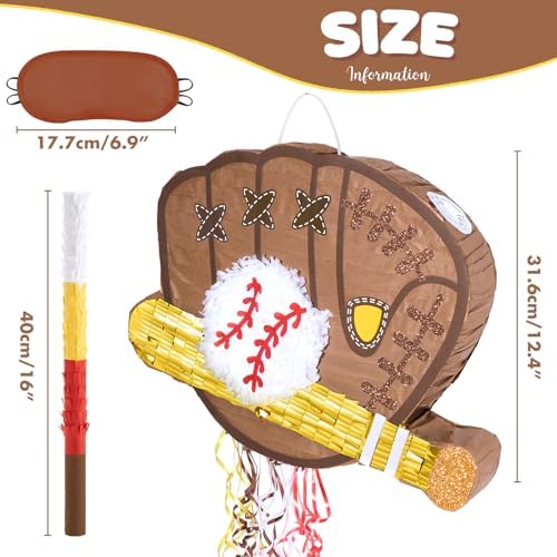 WERNNSAI Baseball Piñata - Baseball Piñata Bundle with Blindfold and Bat Sports Birthday Party Decorations for Boys Kids Pull String Baseball Gloves Piñata Family Games Baseball Party Supplies