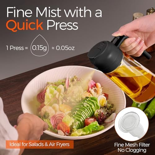 YARRAMATE Olive Oil Dispenser, 2 in 1 Oil Sprayer for Cooking, 16oz/470ml Glass Oil Spray Bottle with Pourer, Food-grade Oil Dispenser and Oil Sprayer for Kitchen, Salad, Frying, BBQ (Black & Green)