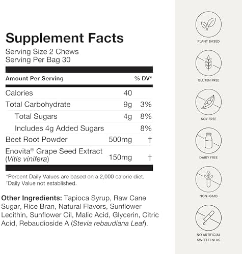 HumanN SuperBeets Heart Chews, Nitric Oxide and Blood Pressure Support, Grape Seed Extract & Non-GMO Beet Root Powder Energy Supplement, Pomegranate Berry Flavor, 60 Count