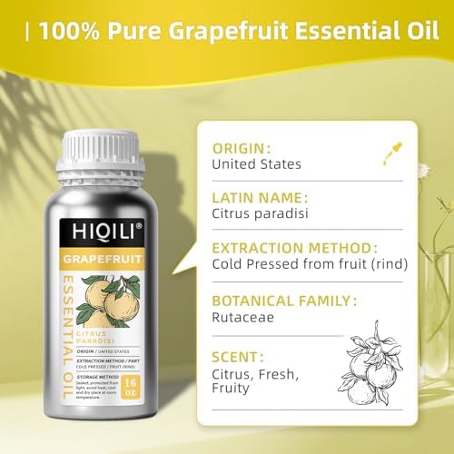 HIQILI 16 Fl Oz Grapefruit Essential Oil, for Diffuser, Skin Care, 100% Pure and Natural