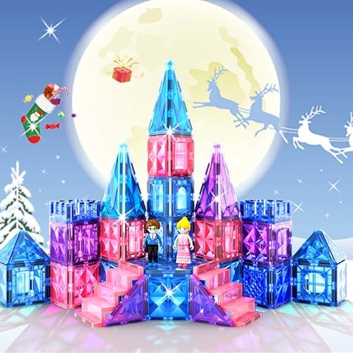 Magnetic Tiles 102pcs with 2 Stairs 2 Dolls Princess Castle Building Girls Toys Age 4-5 6-8 Magnetic Blocks Birthday Xmas Gifts for Girls Toys for 3 4 5 6 7 8+ Year Old