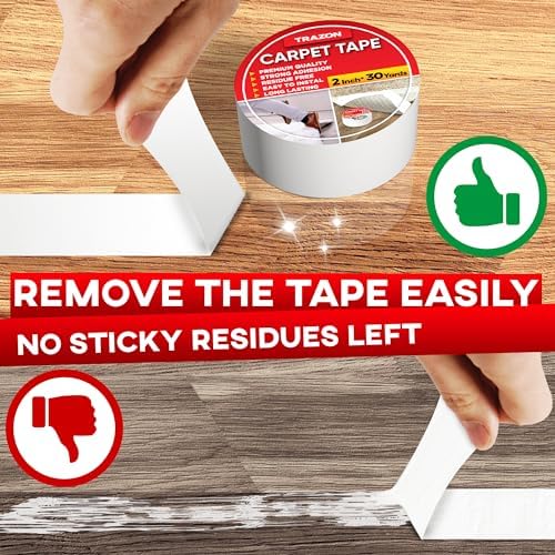 Trazon Carpet Tape Double Sided - Rug Tape Grippers for Hardwood Floors and Area Rugs - Carpet Binding Tape Strong Adhesive and Removable, Heavy Duty Stickers Tape, Residue Free (2 Inch / 30 Yards)