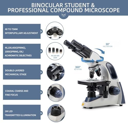 SWIFT SW380B Compound Binocular Microscope 40X-2500X, with 5MP USB Camera,Microscope Lens Adapter and 100 PCS Slide Kit