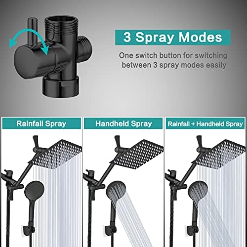Shower Head, 8‘’ High Pressure Rainfall/Handheld Shower Combo with 11'' Extension Arm, 9 Settings, Anti-leak Shower Head with Holder, Height/Angle Adjustable, Chrome, Matte Black