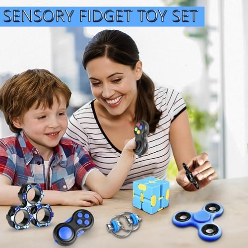 5Pcs Fidget Toys Adults Set, Autism Sensory Pack with figette Cube Magnetic Rings Pad ADHD Stress Relief for Kids Teen, Cool Gadget Desk Spinner Christmas Stocking Stuffer