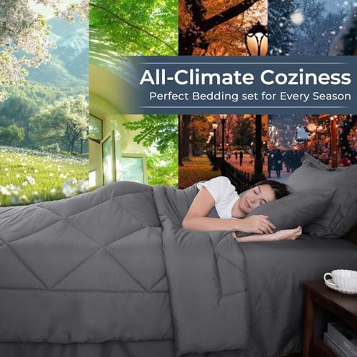 HEVUMYI 7 Pieces Queen Comforter Set, All Season Reversible Bed in a Bag Queen, Ultra Soft Queen Bedding Set with Grey Comforter, Flat Sheet, Fitted Sheet, Pillowcases, Pillow Shams, Dark Grey