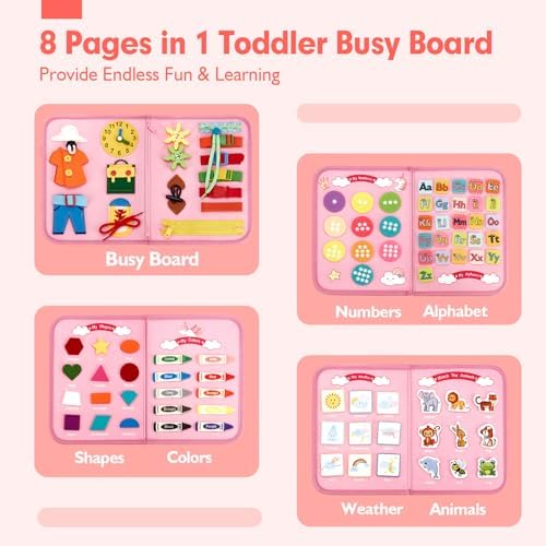 hahaland Toddler Busy Board Montessori Toys, Preschool Educational Learning Toys for 3 Year Old Girl Gifts with Life Skills, Alphabet, Number, Shape, Color, Animal, Weather - Toddler Girl Travel Toy