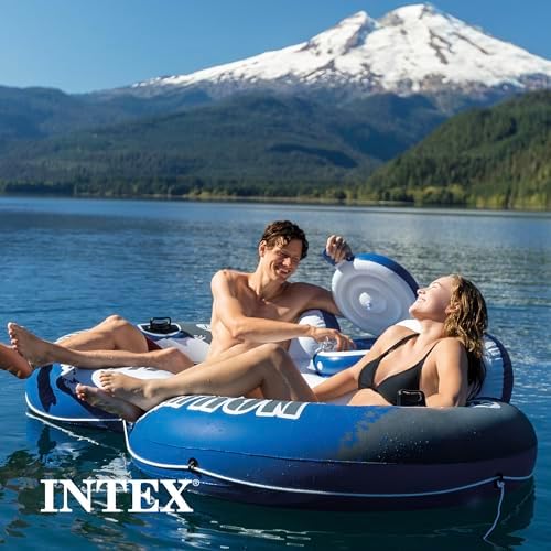 Intex 58837EP River Run 2 Inflatable Floating Lounge: Comfortable Backrests – Built-in Cup Holders – Cooler with Lid – 2 Person – 440lb Weight Capacity