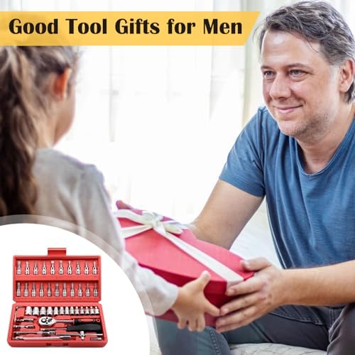 Egofine 46 Pieces 1/4 inch Drive Socket Ratchet Wrench Set, with Bit Socket Set Metric and Extension Bar for Auto Repairing and Household, with Storage Case
