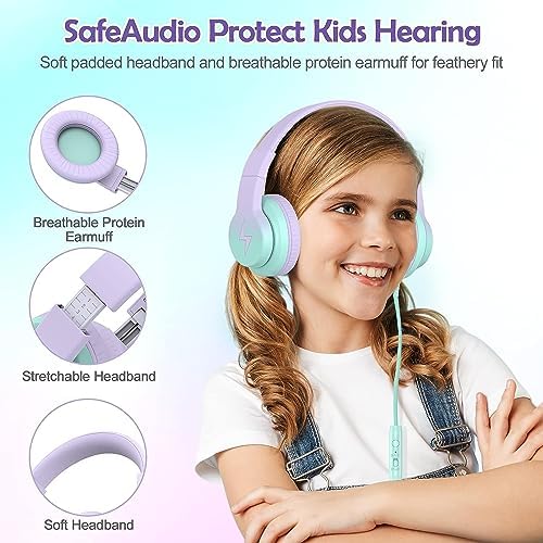 Kids Headphones, Wired Headphones for Kids Over Ear with Microphone, 85/94dB Volume Limiter Headphone for Girls Boys, Foldable Headphone for Learning & Entertainment,Gradient Purple