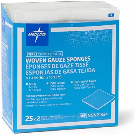 Medline 100% Cotton Woven Sterile Gauze Sponges, 4" x 4", 12-Ply, Ideal for Wound Dressing, Pack of 1200