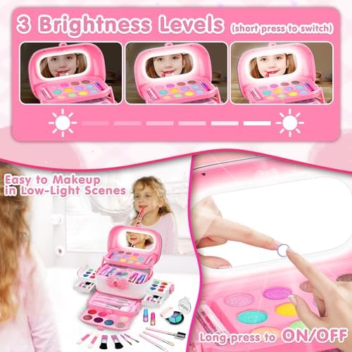 58Pcs Kids Makeup Kit for Girl - Real Washable Cosmetic Set with Light Up Mirror - Kids Makeup Sets for Girls -Play Make Up Birthday for Age 3 4 5 6 7 8 9 10 11 12 Years Old Kid -Pink