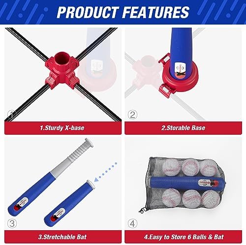 3-in-1 Baseball Set for Kids 3-5 - Tee Ball Stand, Hanging Tee, Ball Launcher and 6 Softballs - Adjustable Height, Indoor/Outdoor Sport Gifts for Boys, Blue