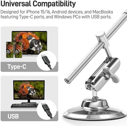 Teslong USB-C Digital Microscope, 10X to 200X Magnification Portable Camera with 8 LED Lights, Handheld Rotating Metal Stand for Coin, Electronic, Compatible with iPhone 15+ and Android Devices