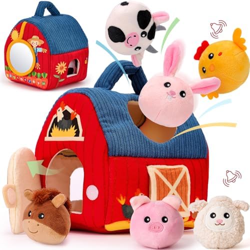 hahaland Baby Toys 6-12 Months - Surprise Barn with Stuffed Farm Animals, Rattle, Crinkle Paper, Mirror - Montessori Toys for 6 Month Old Babies, Sensory Balls Toddlers 1-3, 1 Year Old Boy Girl Gifts