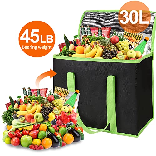 Bodaon 3-Pack Insulated Pizza Delivery Bags, X-Large Reusable Grocery Shopping Bags, Black with Green Edge
