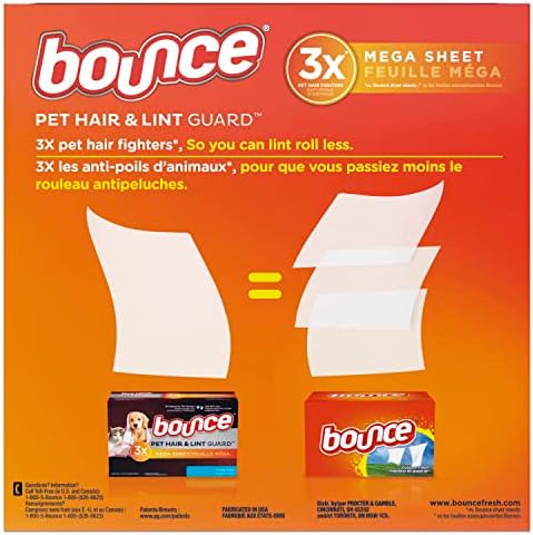 Bounce Pet Hair and Lint Guard Mega Fabric Softener Dryer Sheets with 3X Pet Hair Fighters, Fresh Scent, 180 Count (Packaging May Very) (Pack of 2)