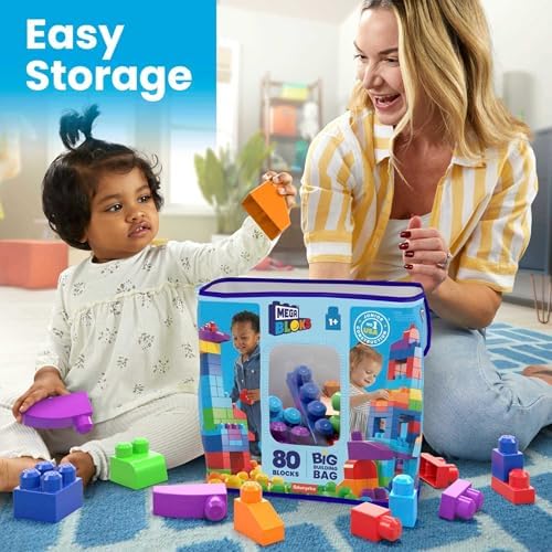 MEGA BLOKS First Builders Toddler Blocks Toys Set, Big Building Bag with 80 Pieces and Storage, Blue, Ages 1+ Years