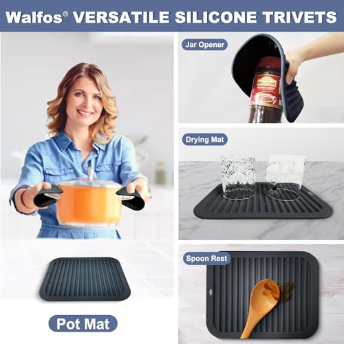 Walfos Silicone Trivets for Hot Pots and Pans - 446°F Heat Resistant Hot Pads for Kitchen Counter- 4 Pcs Multi-Purpose & Versatile Trivet Mat - Long-Lasting & Flexible Silicone Hot Pad(Black)