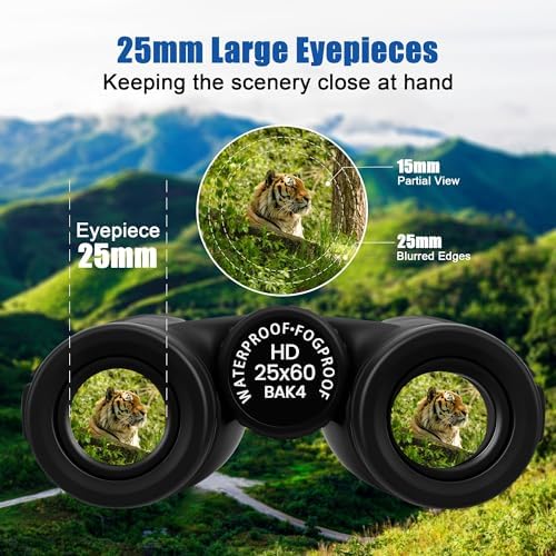 Binoculars 25X60 High Power Binocular for Adults with BAK4 Prism FMC Lens HD Professional Waterproof Big Eyepiece Binoculars for Bird Watching Sports Concerts Traveling Wildlife Hunting
