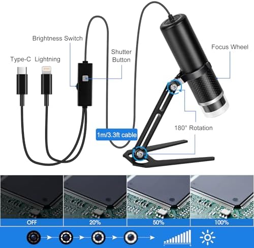 Digital USB Microscope Camera for iPhone iPad Android Phone Tablet, 50 to 1000X Mobile Coin Adult Student Kid Scope Jewelers Loupe 1920x1440P Recording with Metal Stable Stand - Not for PC