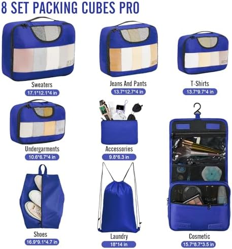 Veken 8 Set Packing Cubes for Travel Essentials, Suitcase Organizer Bags in 4 Sizes, Carry-On Luggage Accessories with Large Laundry & Hanging Toiletry Bag, Must-Have for Airplane, Road Trip & Camping