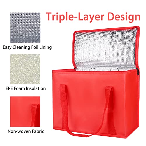 Bodaon 2-Pack Insulated Reusable Grocery Bag with Zippered Top, X-Large Insulated Food/Pizza Delivery Bag, Frozen Foods Cold, Cooler Shopping Bags, Red