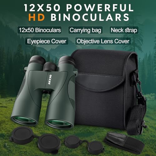 occer 12x50 Bird Watching Binoculars for Adults - High Powered Binoculars with Clear Large Image - Easy Focus HD Binocular with Long Range for Cruise Trip Hunting Travel Concert Stargazing,Green