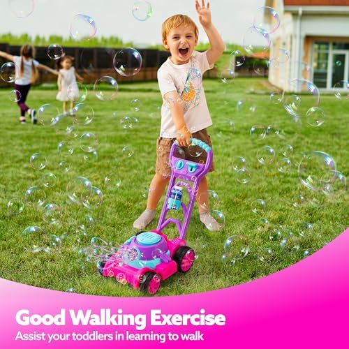 SLOOSH Bubble Lawn Mower Toddler Toys - Kids Bubble Machine Summer Outdoor Push Toy Games, Backyard Garden Outside Play Toddlers Preschool Boys Girls Birthday Gifts (Pink)