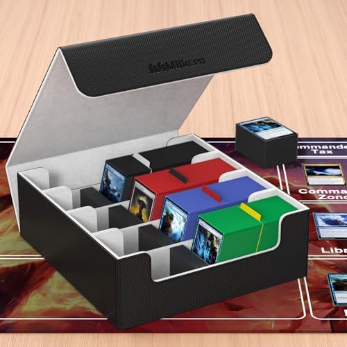 Mlikero Card Deck Case, 2400+ Trading Card Storage Box with 10 Colorful Dividers and 4 Foam Stoppers, Leather Magnetic Closure Commander Deck Box Fit for MTG, TCG (4 Rows, Black&Grey)
