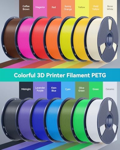 SUNLU PETG Filament 1.75mm 10KG Bundle,Individually Vacuum-Sealed,3D Printer Filament 1kg per Spool,10 Pack,10 Colors,Black+White+Grey+Red+Klein Blue+Yellow+Sunny Orange+Green+Lavender Purple+Beige