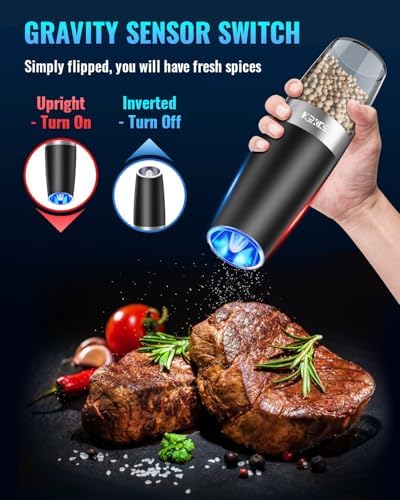 Gravity Electric Pepper and Salt Grinder Set, Adjustable Coarseness, Battery Powered with LED Light, One Hand Automatic Operation, Stainless Steel Black, 2 Pack