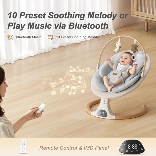 Baby Swings for Infants, Monamii Baby Swing, Bluetooth Infant Swing with Music Speaker, 5 Speeds and Remote Control, Indoor & Outdoor Use (Beige)
