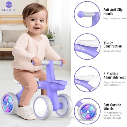 Umatoll Colorful Lighting Baby Balance Bike for 1 Year Old Boys Girls, 12-24 Months Toddler Bike with Basket, Adjustable Seat, First Birthday Gift (Purple)