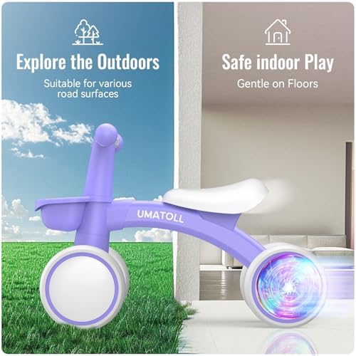 Umatoll Colorful Lighting Baby Balance Bike for 1 Year Old Boys Girls, 12-24 Months Toddler Bike with Basket, Adjustable Seat, First Birthday Gift (Purple)