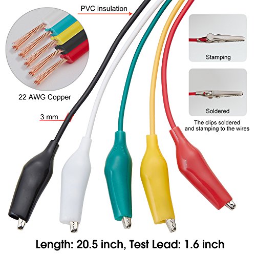 WGGE WG-026 10 Pieces and 5 Colors Test Lead Set & Alligator Clips,20.5 inches / 22 AWG Wire (5 Pack)