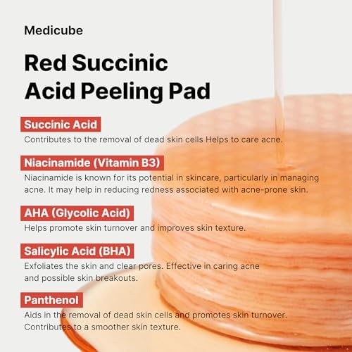 Medicube Red Succinic Acid Panthenol Facial Peeling Pads - Exfoliating Toner Pads for Breakout-Prone Skin with Niacinamide, AHA, BHA, and Soothing Panthenol - Non-Comedogenic