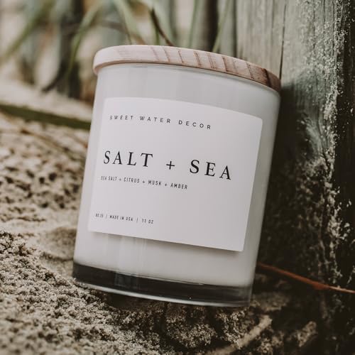 Sweet Water Decor Salt and Sea Candle - Sea Salt, Citrus, Amber, Musk, Beach Scented Soy Candles for Home - 11oz White Glass Jar + Wood Lid, 50+ Hour Burn Time, Made in the USA