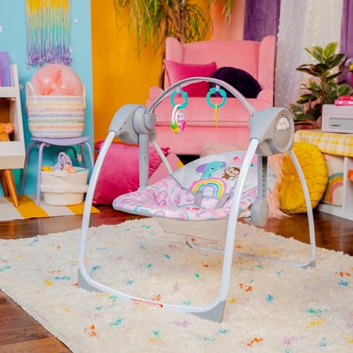 Bright Starts Pink Paradise Portable Compact Automatic Baby Swing with Music, Unisex, Newborn +