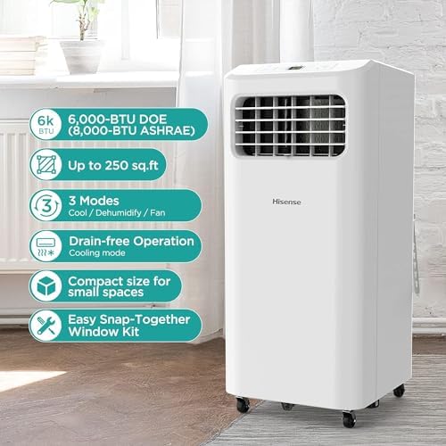 Hisense Portable Air Conditioner 6,000 BTU Cooling Dehumidifier Fan for Smaller Room up to 250 sq ft, Remote Control, White (Renewed)