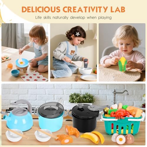 130Pcs Kitchen Playset, Toddler Pretend Cooking Play Pots, Pans, Utensils Cookware, Daily Food Fruit Veges, Shopping Storage Basket, Dessert, Prop Money, Learning Gift for Child (Turquoise)