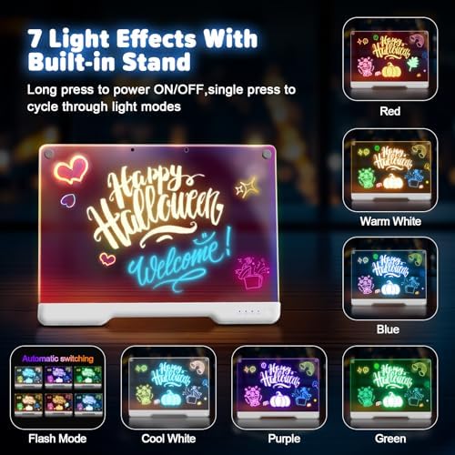 16-Inch Rechargeable Doodle Glow LED Note Board, 7-Color Light Modes, Neon Art Dry Erase Light Up Drawing Pad with Built-in Stand, Sketching Gift Toy for Kids/Girls/Teens, 5 Markers & Tracing Book