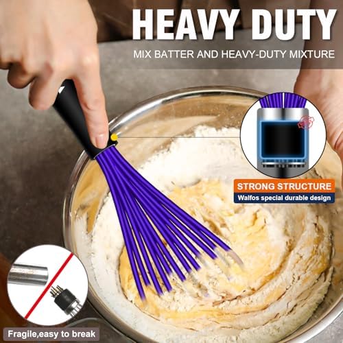 Walfos Whisk,7+9+11in Silicone Whisks for Cooking Non Scatch,Kitchen Whisk,BPA Free and Heat Resistant 480°F,Wisk Perfect for Frothing,Blending,Beating.Dishwasher Safe 3pcs Dark Purple