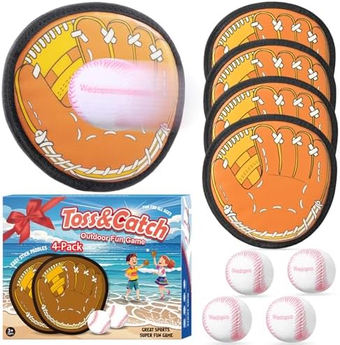 Toss and Catch Ball Outdoor Games: Kids Baseball Glove Toys for Sports & Outdoor Play - Outside Beach/Yard/Camping Games for Family - Birthday Gift for Boys Ages 3-12 (Upgraded 4-Pack)