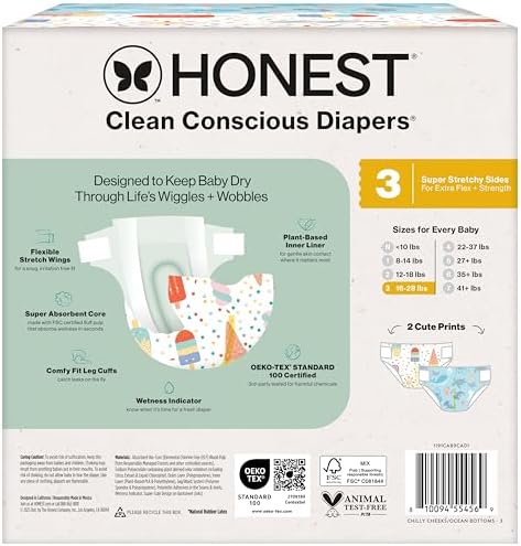 The Honest Company Clean Conscious Diapers for Delicate Skin | Up to 100% Leakproof | Hypoallergenic, Fragrance Free | Summer '25 Limited Edition Prints | Club Box, Size 3 (16-28 lbs), 62 Count