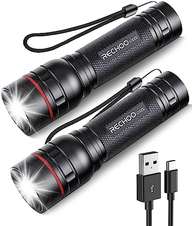 RECHOO Rechargeable Flashlights High Lumens, 2 Pack G1000 Super Bright Flash Light, Small Led Tactical Flashlight with 3 Lighting Modes, Portable Flashlights for Camping Home (Battery Included)
