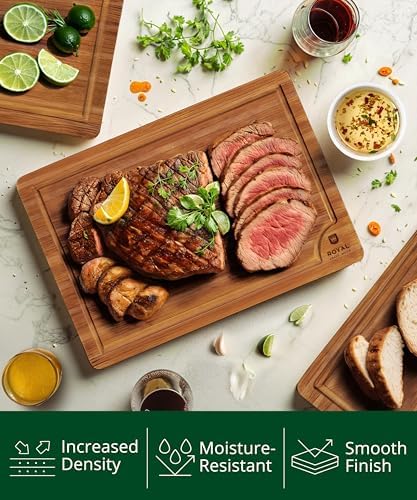 ROYAL CRAFT WOOD Wooden Cutting Boards for Kitchen Meal Prep & Serving - Bamboo Wood Serving Board Set with Deep Juice Groove Side Handles - Charcuterie & Chopping Butcher Block for Meat (3 Pcs)