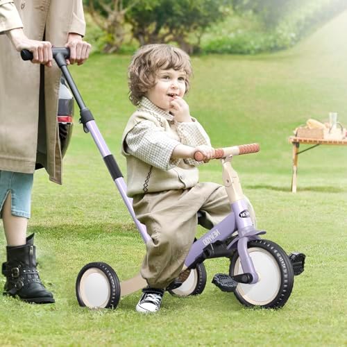 newyoo Toddler Tricycle with Push Handle for 1-3 Year Old, Toddler Bike, Birthday Toy for Boys and Girls, 5 in 1 Kids Trike, Balance Bike with Backrest and Safety Belt, Purple, TR007