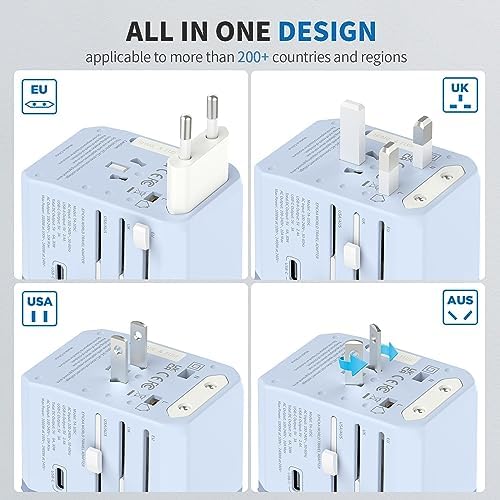 EPICKA Universal Travel Adapter, International Power Adapter with 2 USB-A & 3 USB-C Ports Wall Charger - Worldwide Travel Essentials, European Travel Plug Adapter for UK/US/AU (TA-105C, Blue)